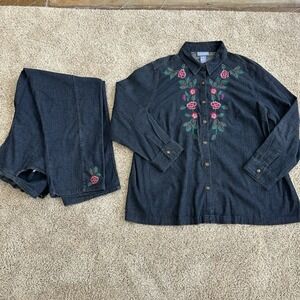 Set Liz & Me Women 1X 18-20 Plus Embroidered Denim Button Down Shirt Pants Blue